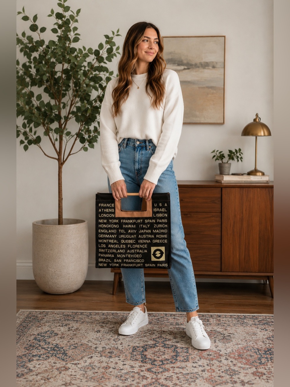Vintage Travel Cities Print Foldable Tote Bag Wooden Handles Retro Mod